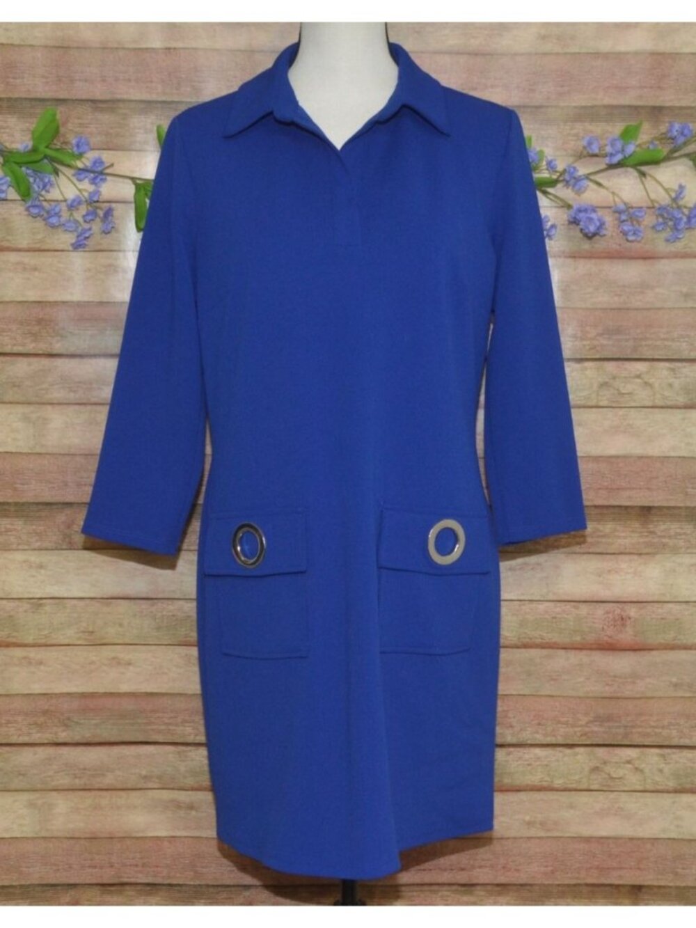 MSK Cobalt Blue MOD Retro Look Shift Dress Size M Pockets 3/4 Sleeve Knee Length